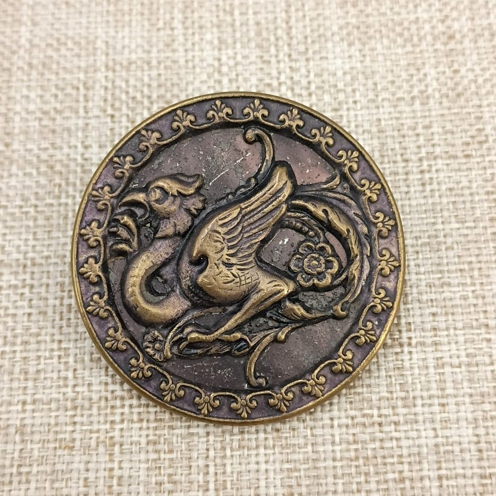 Antique Victorian 39mm Griffin Brass Button High Relief Dragon Beast Mythical
